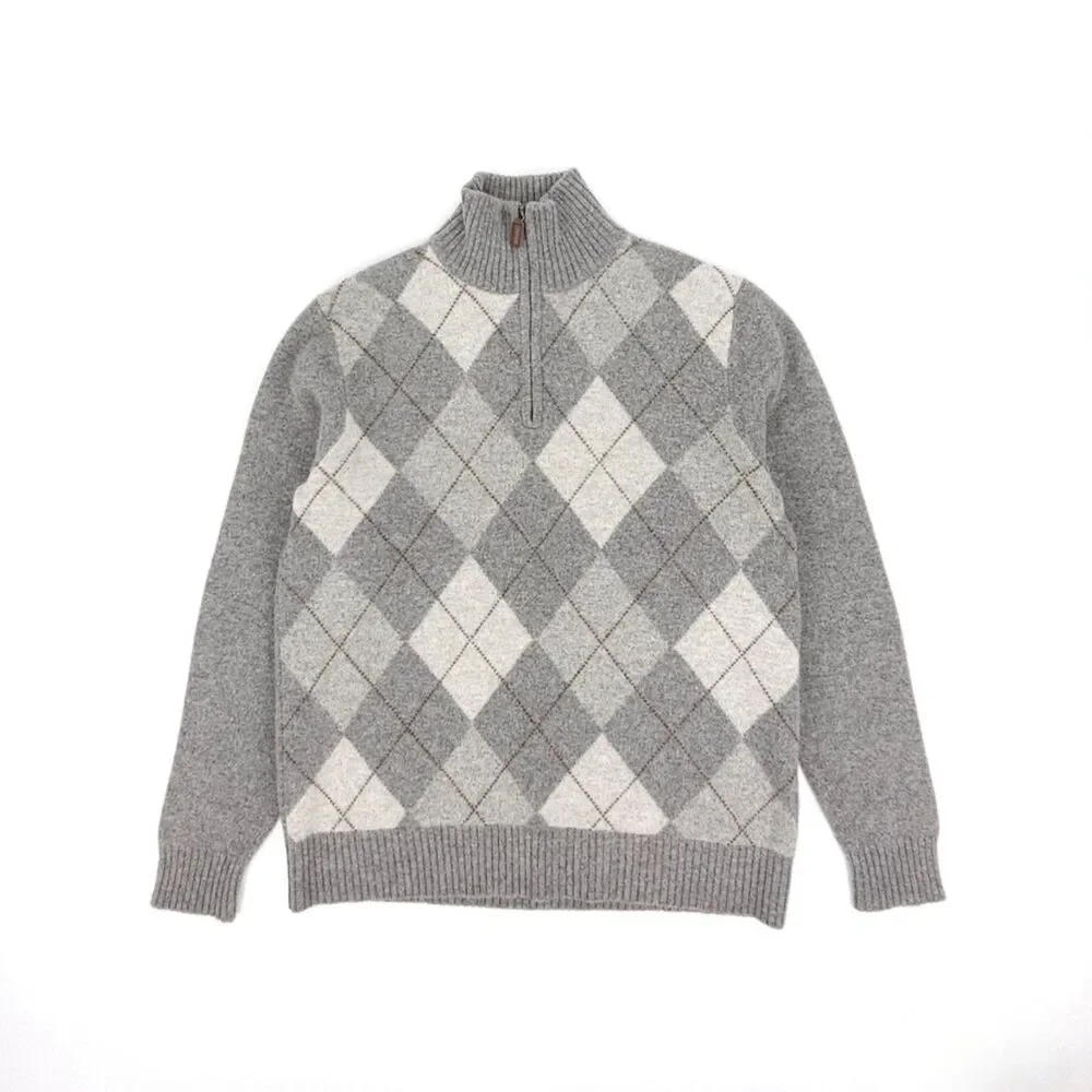 J CREW 100% Lambs Wool 1/4 Zip Sweater Argyle Old Money Preppy Quiet Luxury Golf